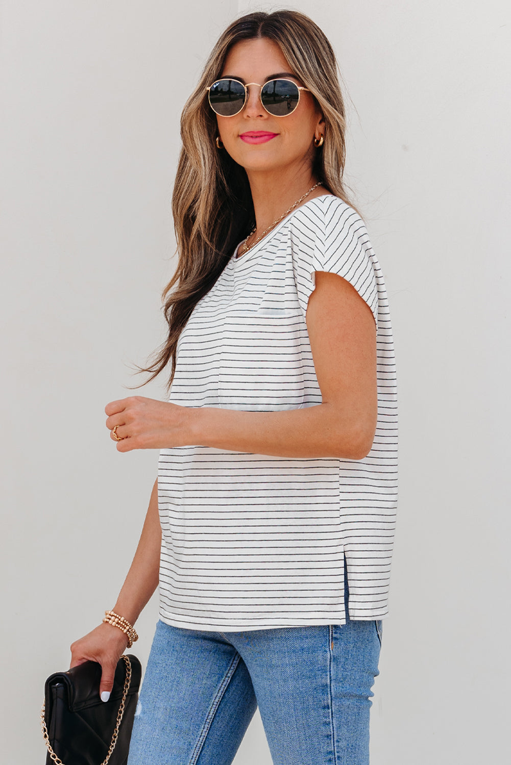 Tilly Stripe Cap Sleeve Crew Neck top Threaded Pear