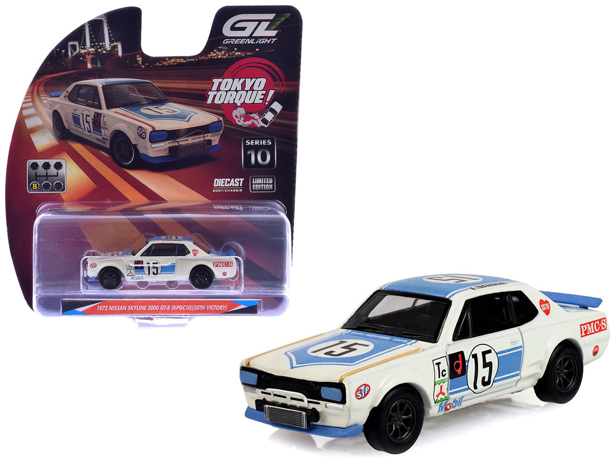 1972 Nissan Skyline 2000 GT-R (KPGC10) RHD (Right Hand Drive) #15 Kunimitsu Takahashi "50th Victory" White with Blue Stripe "Tokyo Torque" Series 10 1/64 Diecast Model Car by Greenlight Greenlight