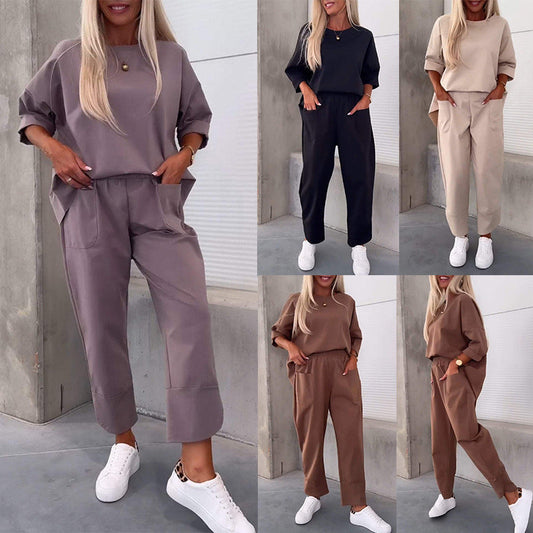Two-piece Solid Color Round Neck Cropped Pants Set LadyShow.Store