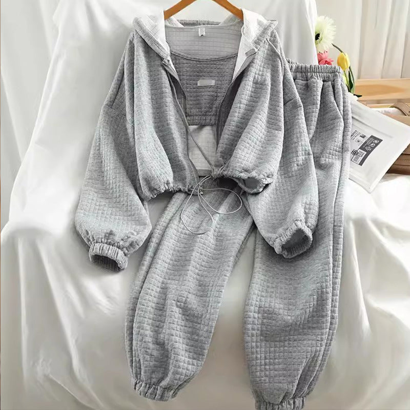 Japanese Korean Casual Hooded Cardigan Set - Zipper Sports Three Piece Suit (Black, Gray, White) LadyShow.Store