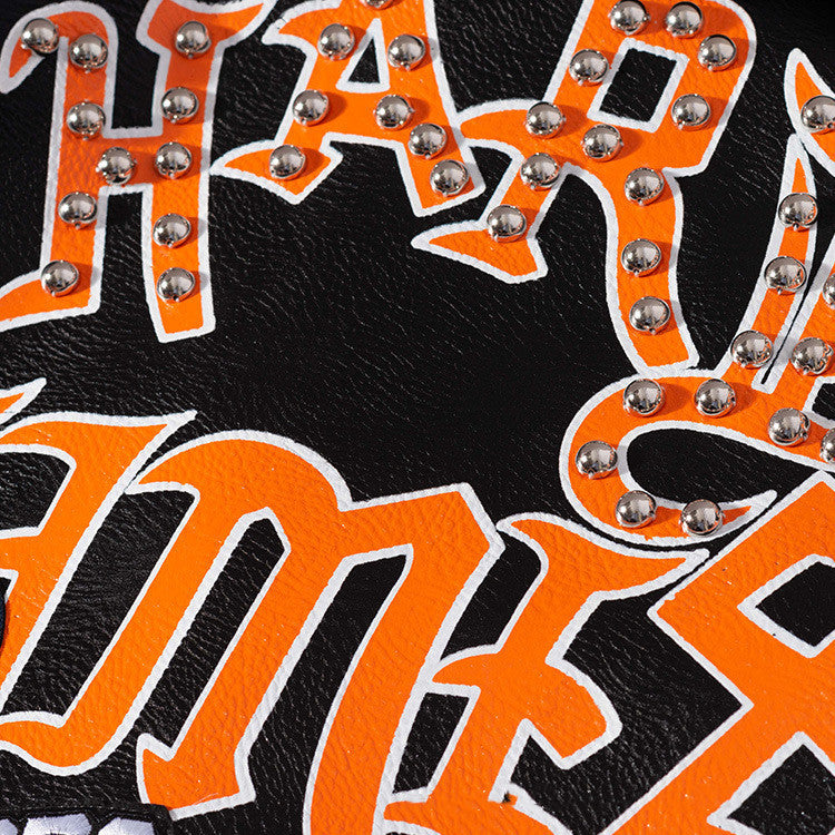 Punk Style Graffiti Printed Motorcycle Jacket for Women - Faux Leather Biker Coat with Beads & Rivets (Silver, S-XXXL) LadyShow.Store