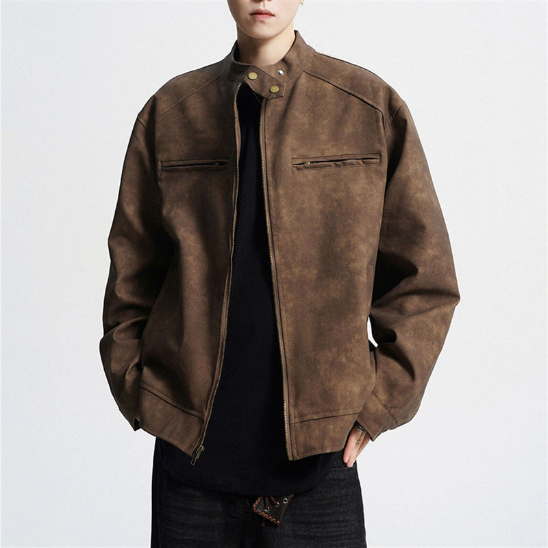 Vintage Brown Motorcycle Leather Autumn Merard Stand-up Collar Distressed Coat Best YouTube Store