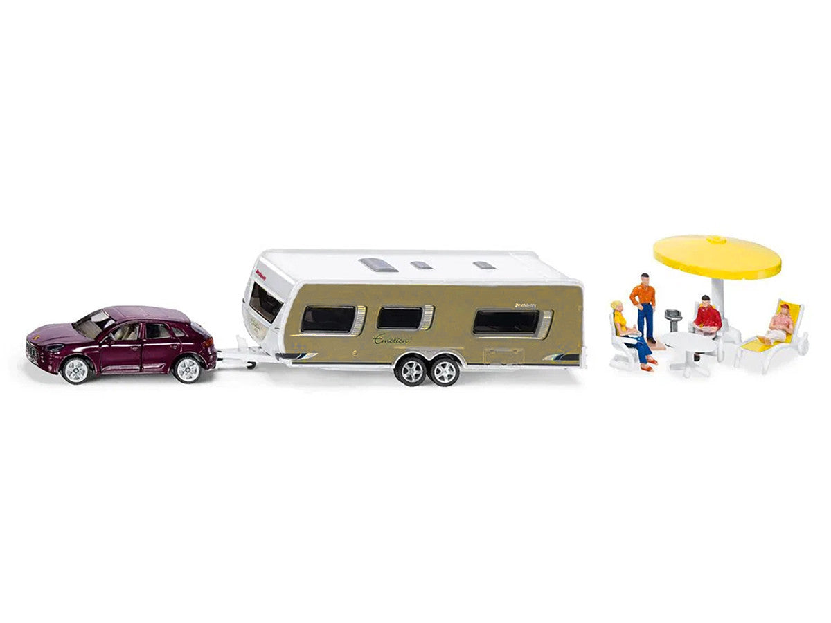 Porsche Macan Turbo Maroon Metallic and Dethleffs Exclusiv Emotion Caravan with Figures and Camp Accessories Set 1/55 Diecast Model by Siku SIKU