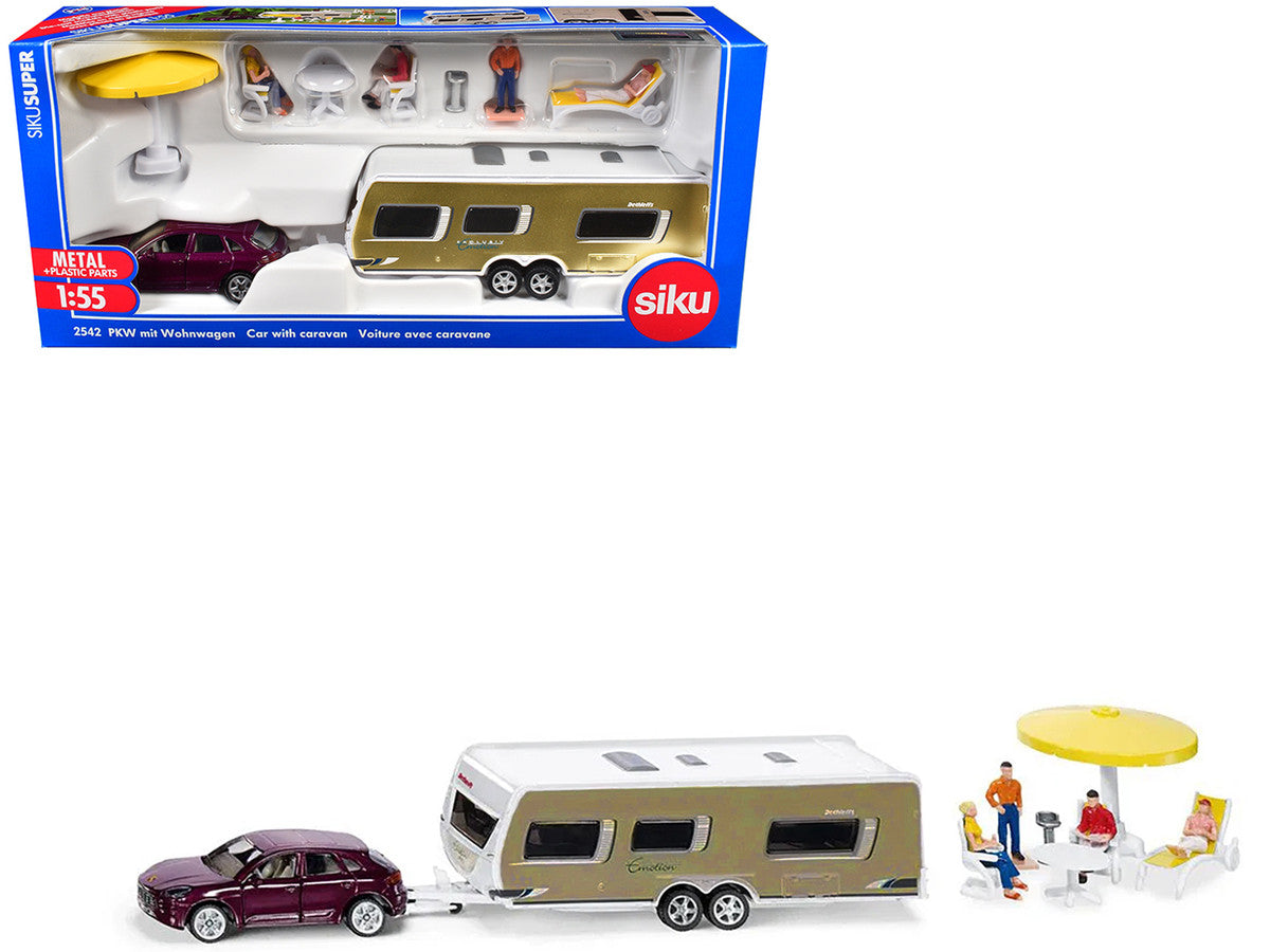 Porsche Macan Turbo Maroon Metallic and Dethleffs Exclusiv Emotion Caravan with Figures and Camp Accessories Set 1/55 Diecast Model by Siku SIKU