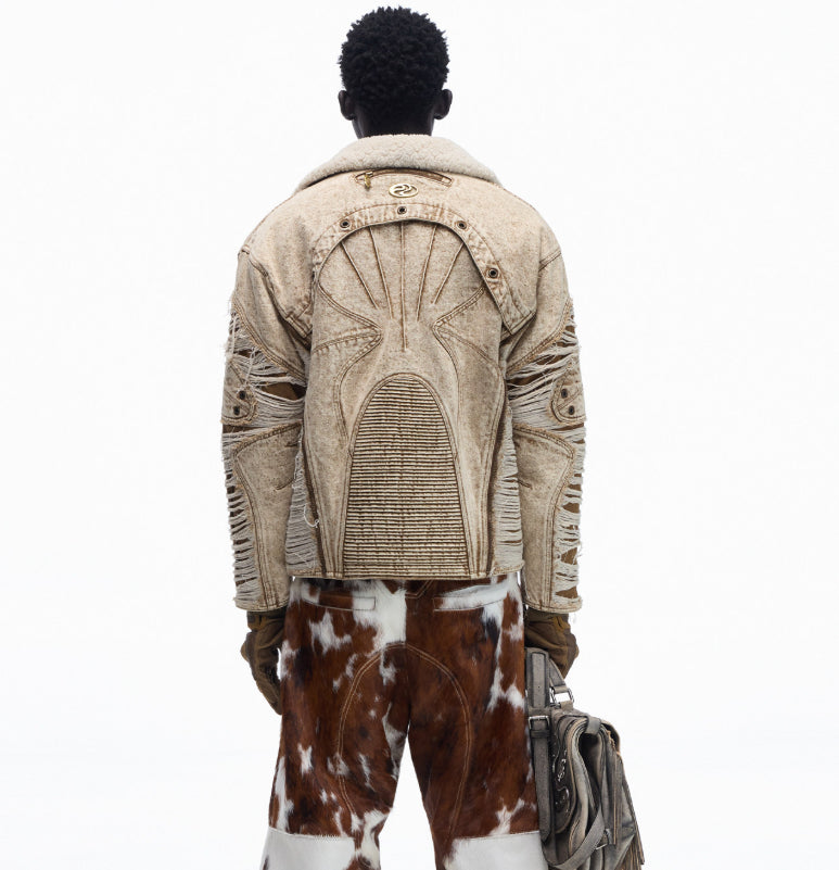 Ravaged And Distressed Apricot Lambswool Denim Jacket LadyShow.Store