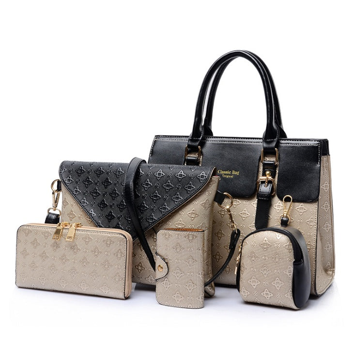 Luxury PU Leather Handbag Set for Women - Black Multi-Functional Crossbody Bags with Zip Pockets (Black/Gold/Blue/White Accents) LadyShow.Store