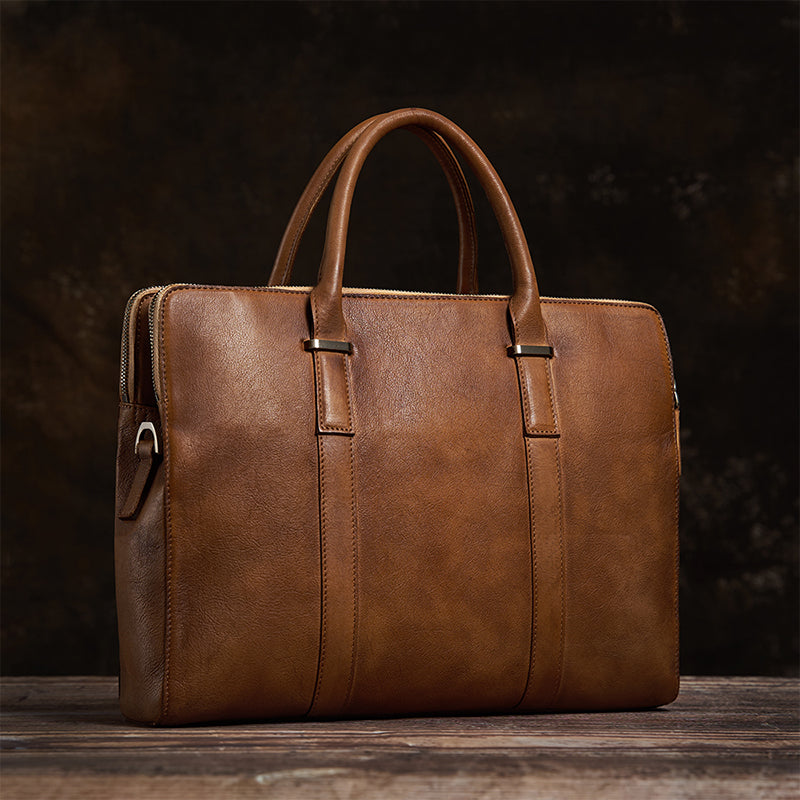 Vintage Vegetable Tanned Leather Men's First Layer Cowhide Casual Business Handbag LadyShow.Store
