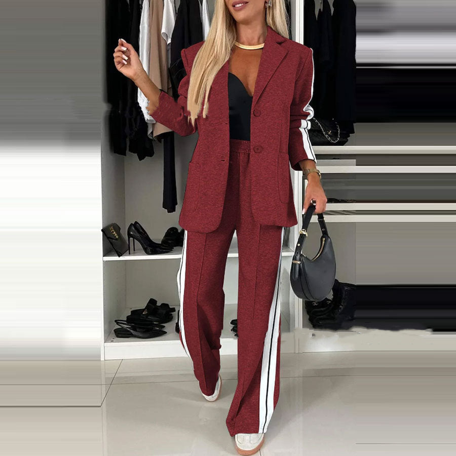 Women's Casual Suit Lapel Single-breasted Jacket And Striped Straight Pants Fashion Sports Trousers Suit Outerwears Clothing LadyShow.Store