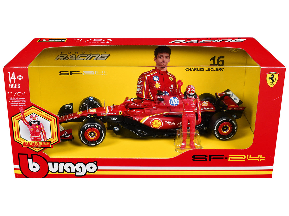 Ferrari SF-24 #16 Charles Leclerc Formula One F1 World Championship (2024) with Driver Figure "Formula Racing" 1/24 Diecast Model Car by Bburago Bburago
