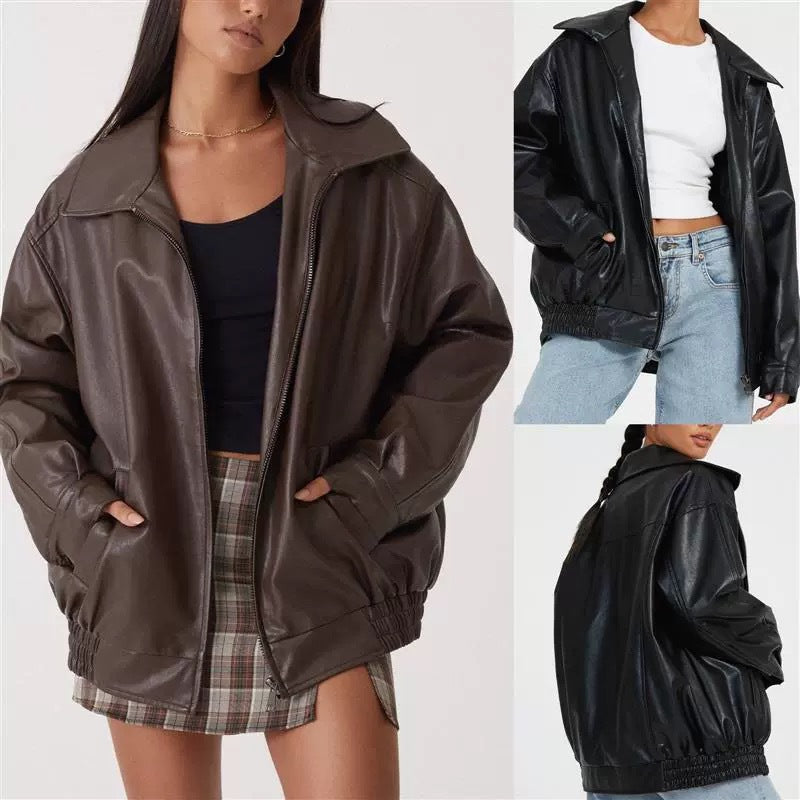 Spring And Autumn European And American Leather Jacket Locomotive Style Loose Top Coat Women LadyShow.Store
