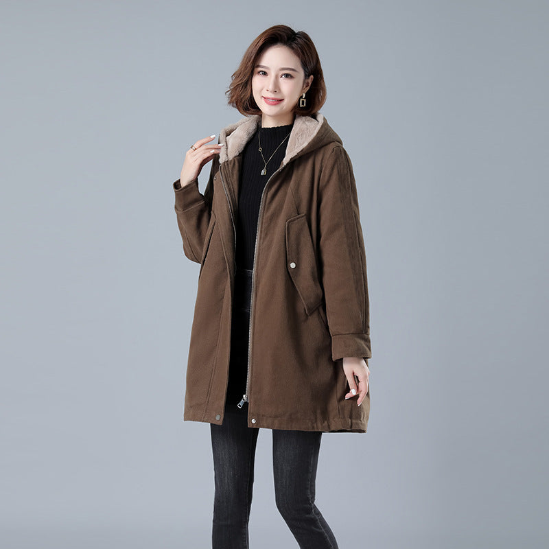 Fleece-lined Thick Hooded Parka Mid-length Long Sleeve Zipper LadyShow.Store