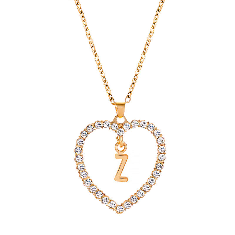 Womens Stylish & Minimalist Diamond-Encrusted 26-Letter Heart Pendant Necklace