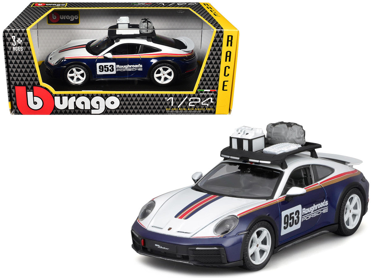 Porsche 911 Dakar #953 "Roughroads Porsche" Blue and White with Stripes and Roof Rack "Race" Series 1/24 Diecast Model Car by Bburago Bburago