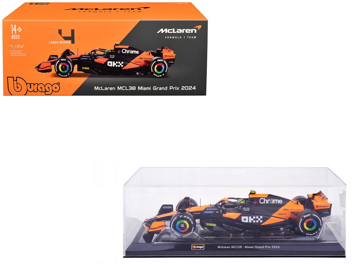 McLaren MCL38 #4 Lando Norris "OKX" Winner Formula One F1 "Miami GP" (2024) with Display Case 1/24 Diecast Model Car by Bburago Bburago