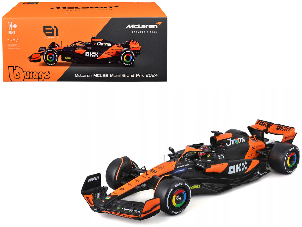 McLaren MCL38 #81 Oscar Piastri "OKX" Formula One F1 "Miami GP" (2024) with Display Case 1/24 Diecast Model Car by Bburago Bburago