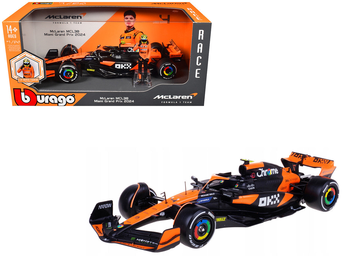 McLaren MCL38 #4 Lando Norris "OKX" Winner Formula One F1 "Miami GP" (2024) with Driver Figure "Race" Series 1/24 Diecast Model Car by Bburago Bburago