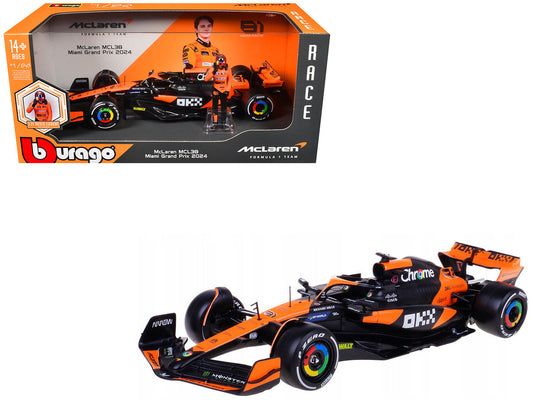 McLaren MCL38 #81 Oscar Piastri "OKX" Formula One F1 "Miami GP" (2024) with Driver Figure "Race" Series 1/24 Diecast Model Car by Bburago Bburago