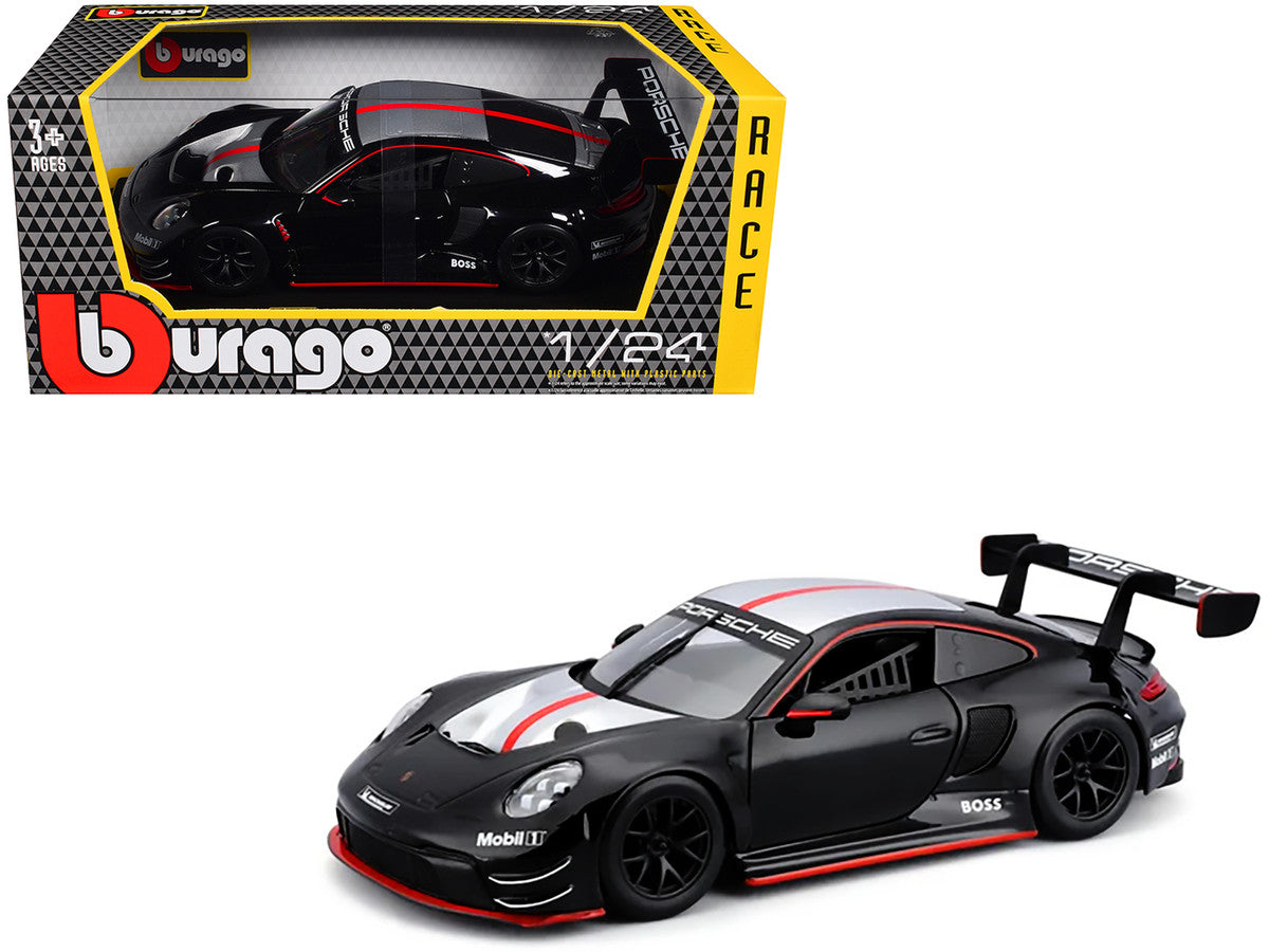 Porsche 911 GT3 R Black with Silver Hood and Top and Red Stripe "Race" Series 1/24 Diecast Model Car by Bburago Bburago