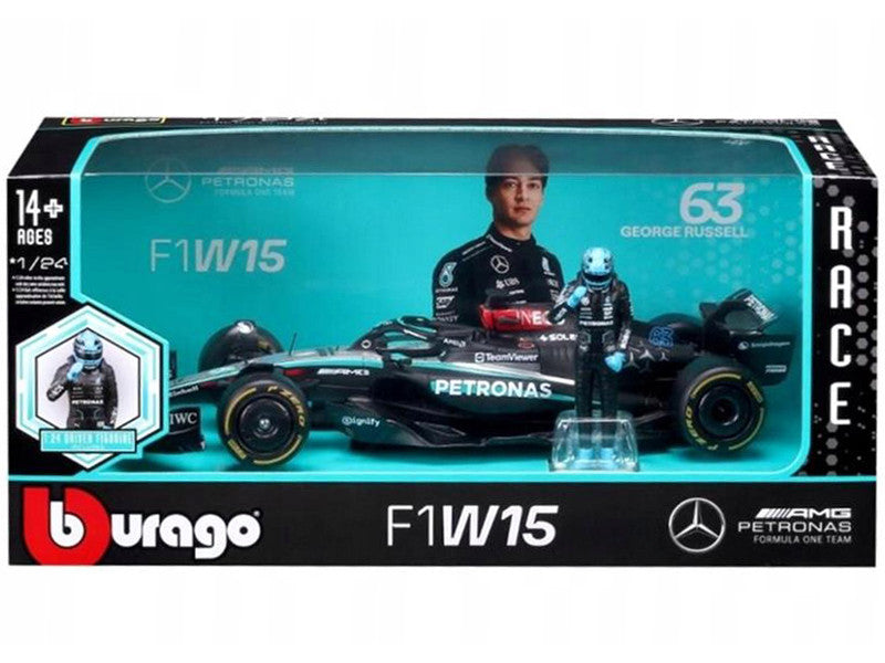 Mercedes-AMG F1 W15 E Performance #63 George Russell "Petronas" Formula One F1 Championship World Championship (2024) with Driver Figure 1/24 Diecast Model Car by Bburago Bburago