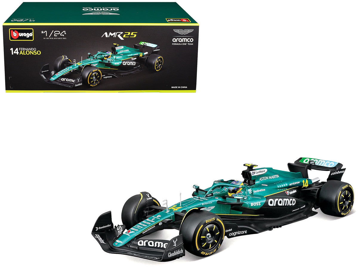 Aston Martin AMR25 #14 Fernando Alonso "Aramco" Formula One F1 "World Championship" (2025) 1/24 Diecast Model Car by Bburago Bburago