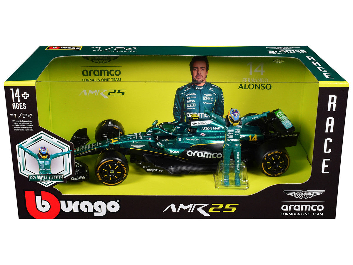 Aston Martin AMR25 #14 Fernando Alonso "Aramco" Formula One F1 "World Championship" (2025) with Driver Figure 1/24 Diecast Model Car by Bburago Bburago