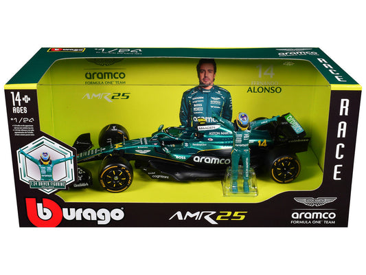 Aston Martin AMR25 #14 Fernando Alonso "Aramco" Formula One F1 "World Championship" (2025) with Driver Figure 1/24 Diecast Model Car by Bburago Bburago