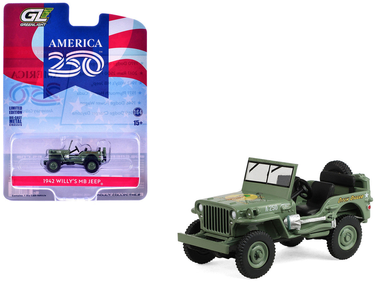 1942 Willy’s MB Jeep Olive Green "America 250 Edition" "Anniversary Collection" Series 18 1/64 Diecast Model Car by Greenlight Greenlight