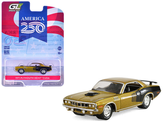 1971 Plymouth Hemi ‘Cuda Gold Metallic with Black Accents "America 250 Edition" "Anniversary Collection" Series 18 1/64 Diecast Model Car by Greenlight Greenlight