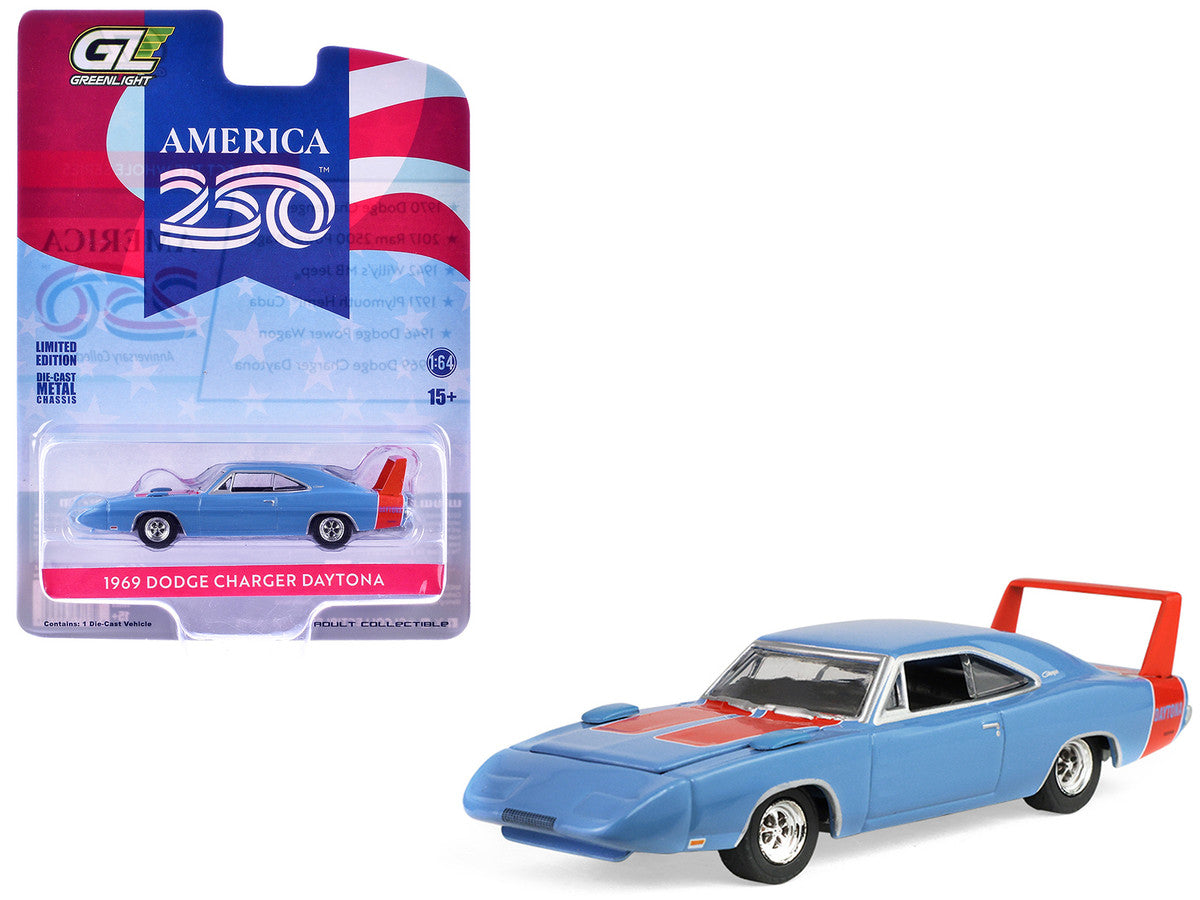1969 Dodge Charger Daytona Blue with Red Stripes "America 250 Edition" "Anniversary Collection" Series 18 1/64 Diecast Model Car by Greenlight Greenlight
