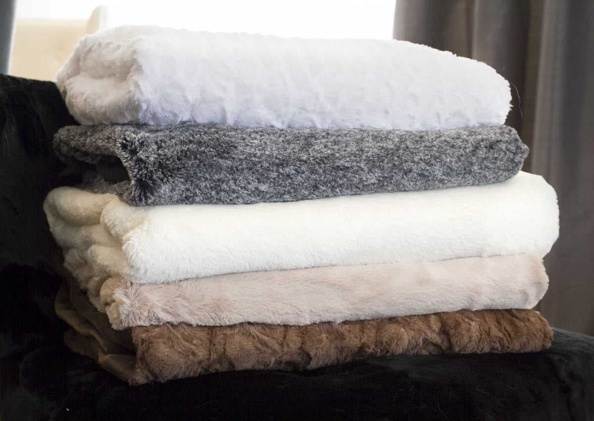 50" X 70" Ivory Faux Fur Plush Throw Blanket with Embroidery W2B