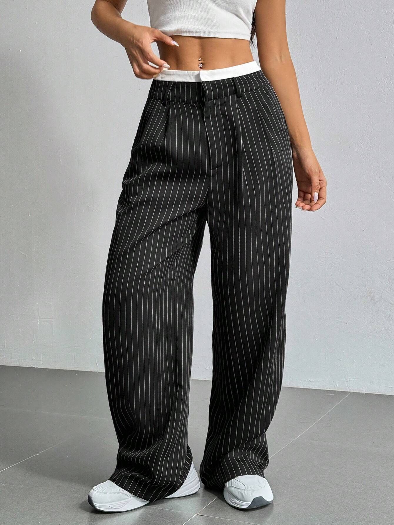 Stripe Printed Trousers Fashion High Waist Straight Leg Pants With Pocket Zipper Casual Suit Pants For Women LadyShow.Store