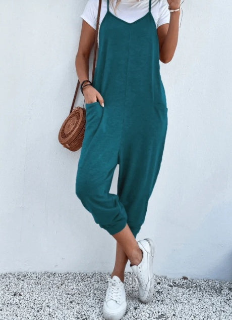 Women's Solid Color Zipper Patch Pocket Sling Jumpsuit For Women LadyShow.Store