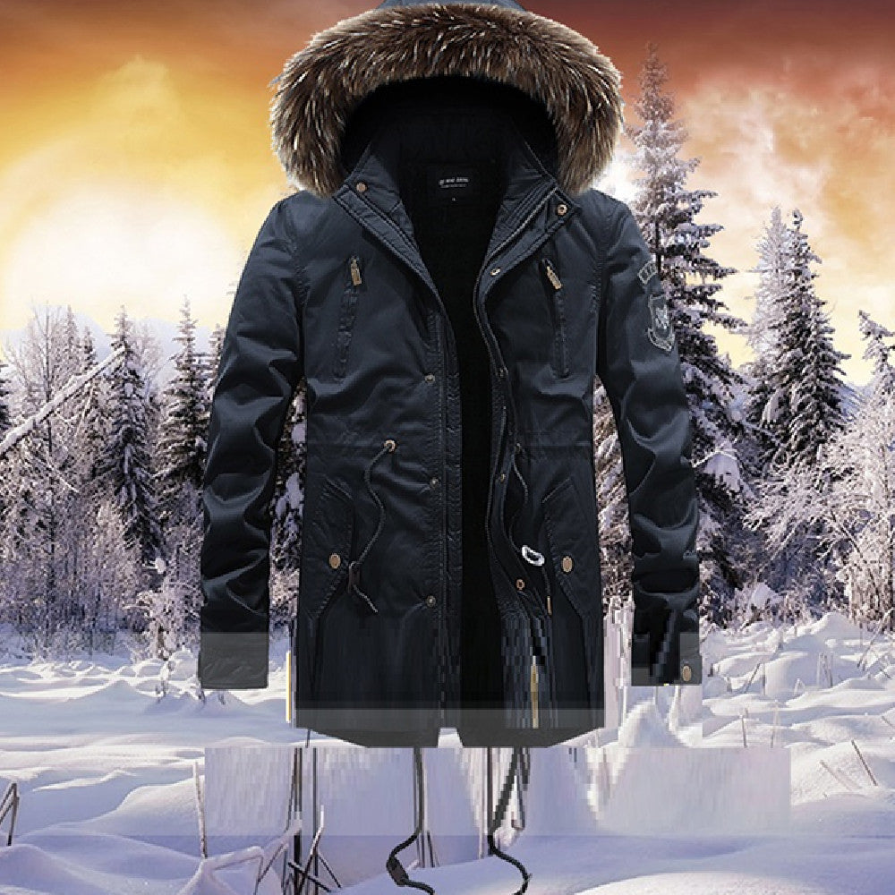 Men's Mid-length Cotton Coat With Big Fur Collar