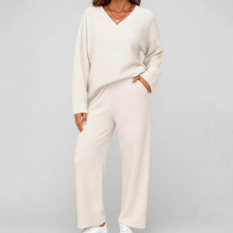 V-neck Wool Loose Pockets Leisure Suit Two-piece Pajamas LadyShow.Store