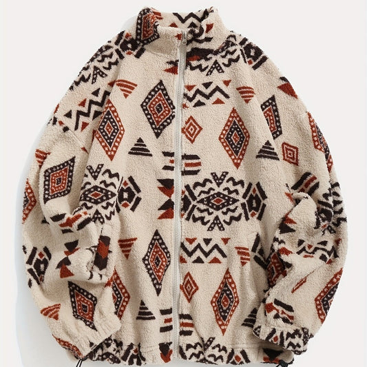 Boho Geometric Print Polar Fleece Coat - Ultra-Soft Plush Loose Fit Jacket with Fur Collar (Apricot/Caramel/Green) LadyShow.Store
