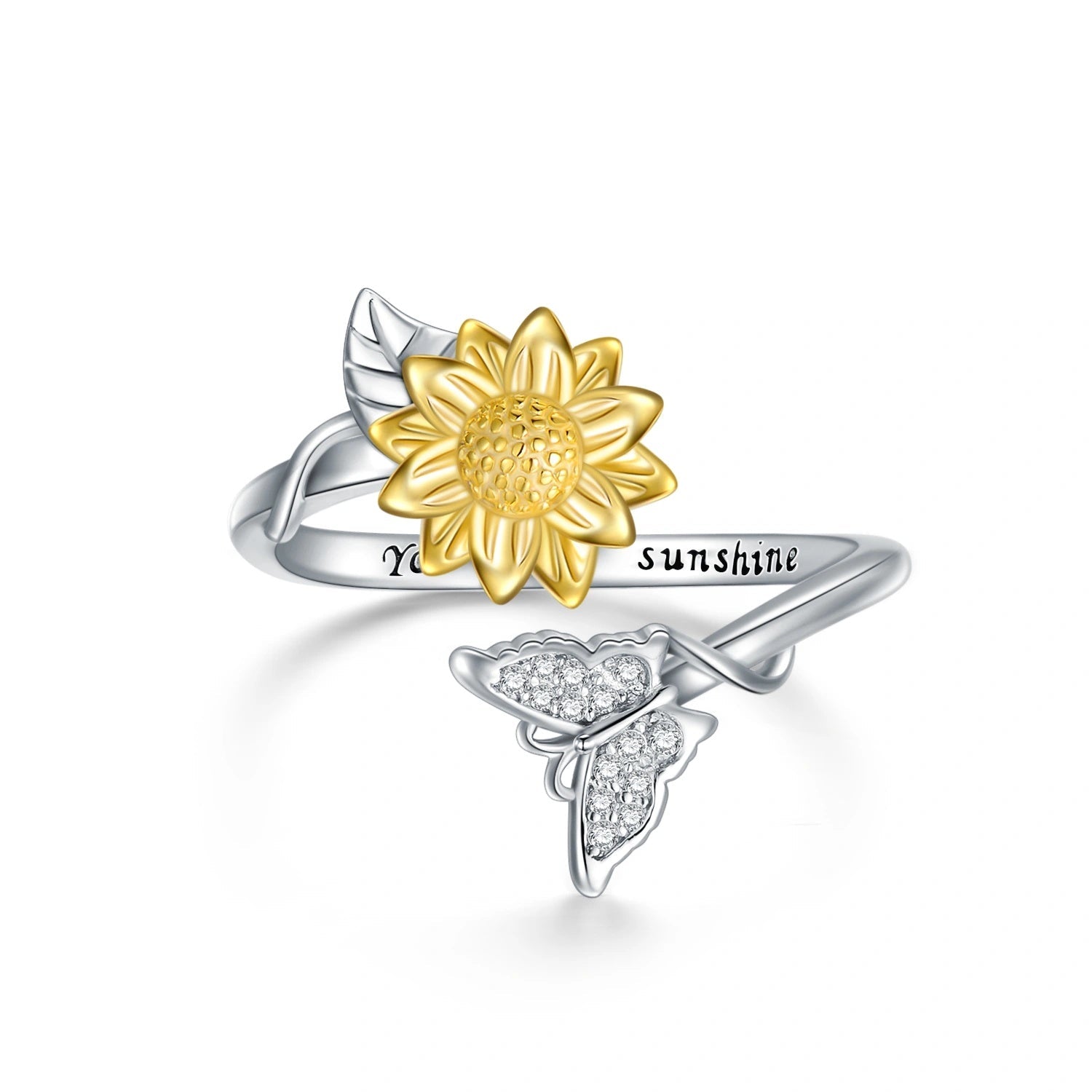 You Are My Sunshine Sunflower Butterfly Ring in Sterling Silver LadyShow.Store
