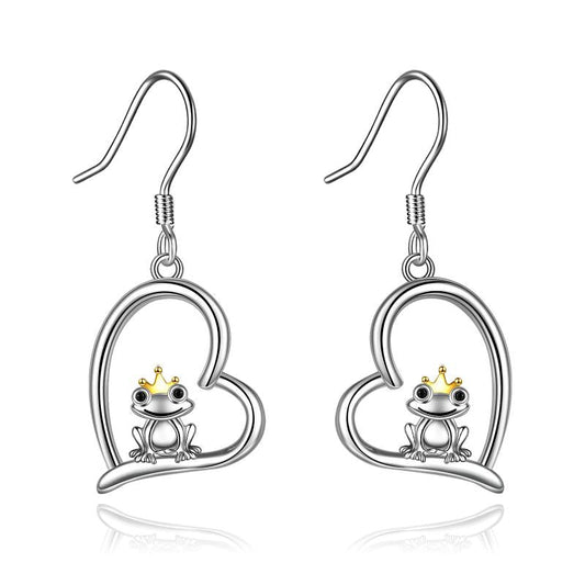 Sterling Silver Heart Crown Frog Dangle Drop Earrings for Women Mom LadyShow.Store