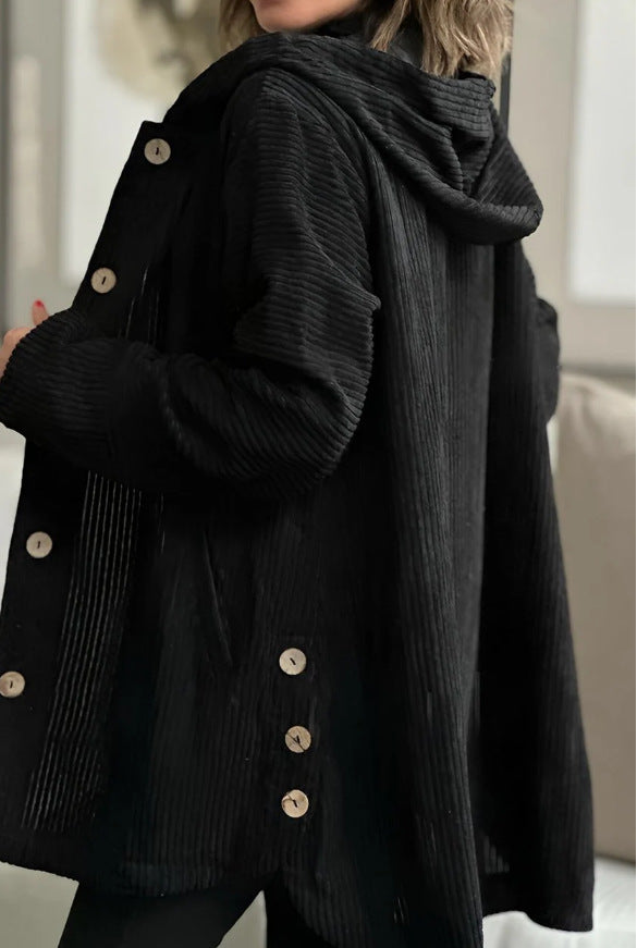 Women's Corduroy Hooded Jacket Fashion Warm Pockets Button Mid-length Top Casual Fall Winter Outwear Clothing Accent Plus