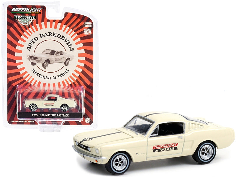 1965 Ford Mustang Fastback #56 Cream Auto Daredevils "Tournament Of Thrills" "Hobby Exclusive" 1/64 Diecast Model Car by Greenlight