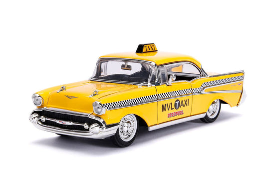 1957 Chevrolet Bel Air Taxi Yellow with Deadpool Diecast Figurine "Marvel" Series 1/24 Diecast Model Car by Jada Jada