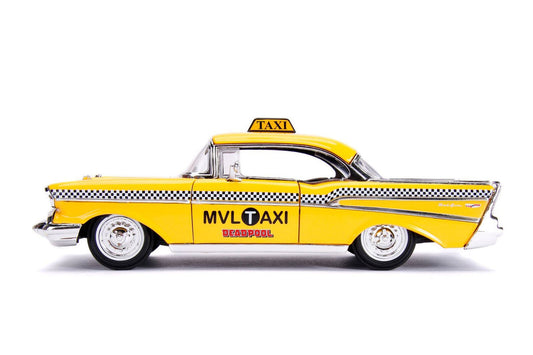 1957 Chevrolet Bel Air Taxi Yellow with Deadpool Diecast Figurine "Marvel" Series 1/24 Diecast Model Car by Jada Jada