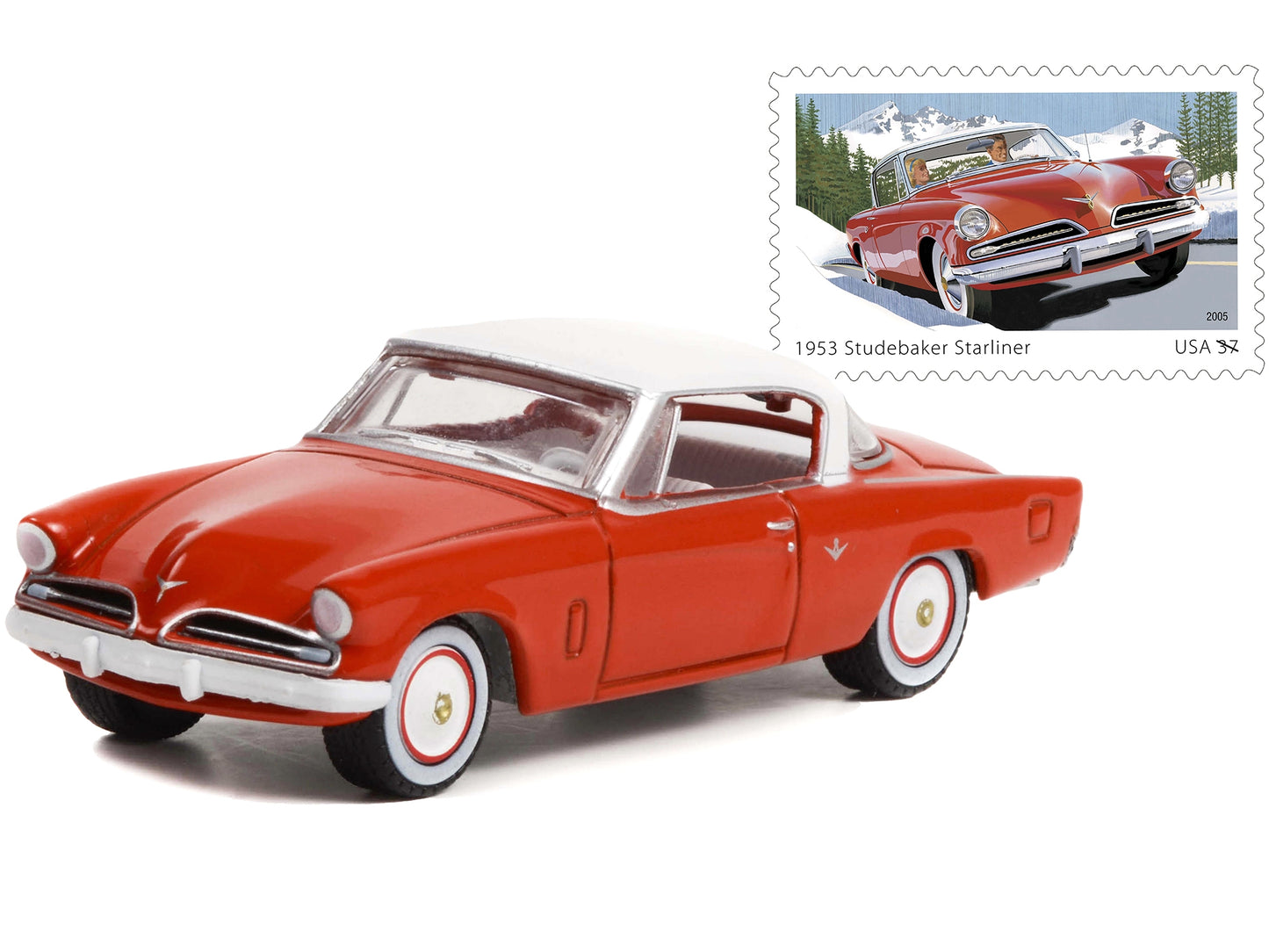 1953 Studebaker Starliner Red with White Top USPS (United States Postal Service) "America on the Move" "Hobby Exclusive" Series 1/64 Diecast Model Car by Greenlight