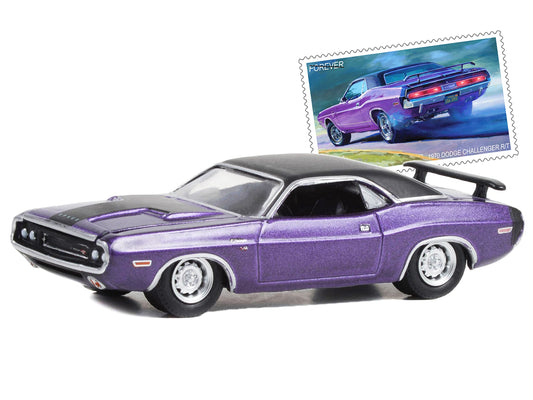 1970 Dodge Challenger R/T Purple Metallic with Matt Black Top USPS (United States Postal Service) "2022 Pony Car Stamp Collection by Artist Tom Fritz" "Hobby Exclusive" Series 1/64 Diecast Model Car by Greenlight
