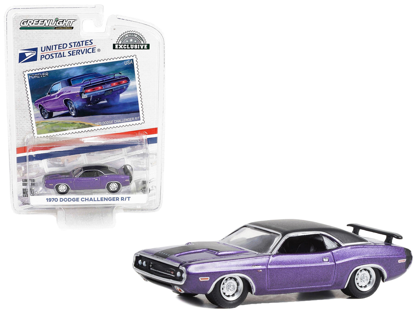1970 Dodge Challenger R/T Purple Metallic with Matt Black Top USPS (United States Postal Service) "2022 Pony Car Stamp Collection by Artist Tom Fritz" "Hobby Exclusive" Series 1/64 Diecast Model Car by Greenlight