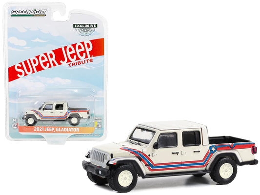 2021 Jeep Gladiator Pickup Truck "Super Jeep Tribute" White with Red and Blue Stripes "Hobby Exclusive" Series 1/64 Diecast Model Car by Greenlight