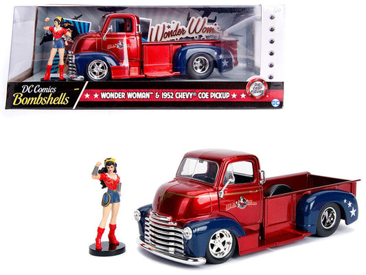 1952 Chevrolet COE Pickup Truck Candy Red and Blue with Wonder Woman Diecast Figure "DC Comics Bombshells" Series "Hollywood Rides" 1/24 Diecast Model Car by Jada Jada