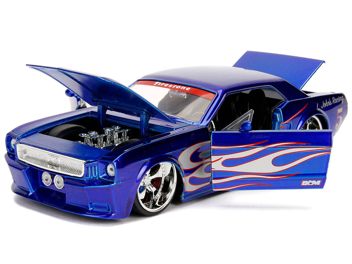 1965 Ford Mustang #5 "L. John's Racing" Candy Blue with Flame Graphics "Bigtime Muscle" Series 1/24 Diecast Model Car by Jada Jada