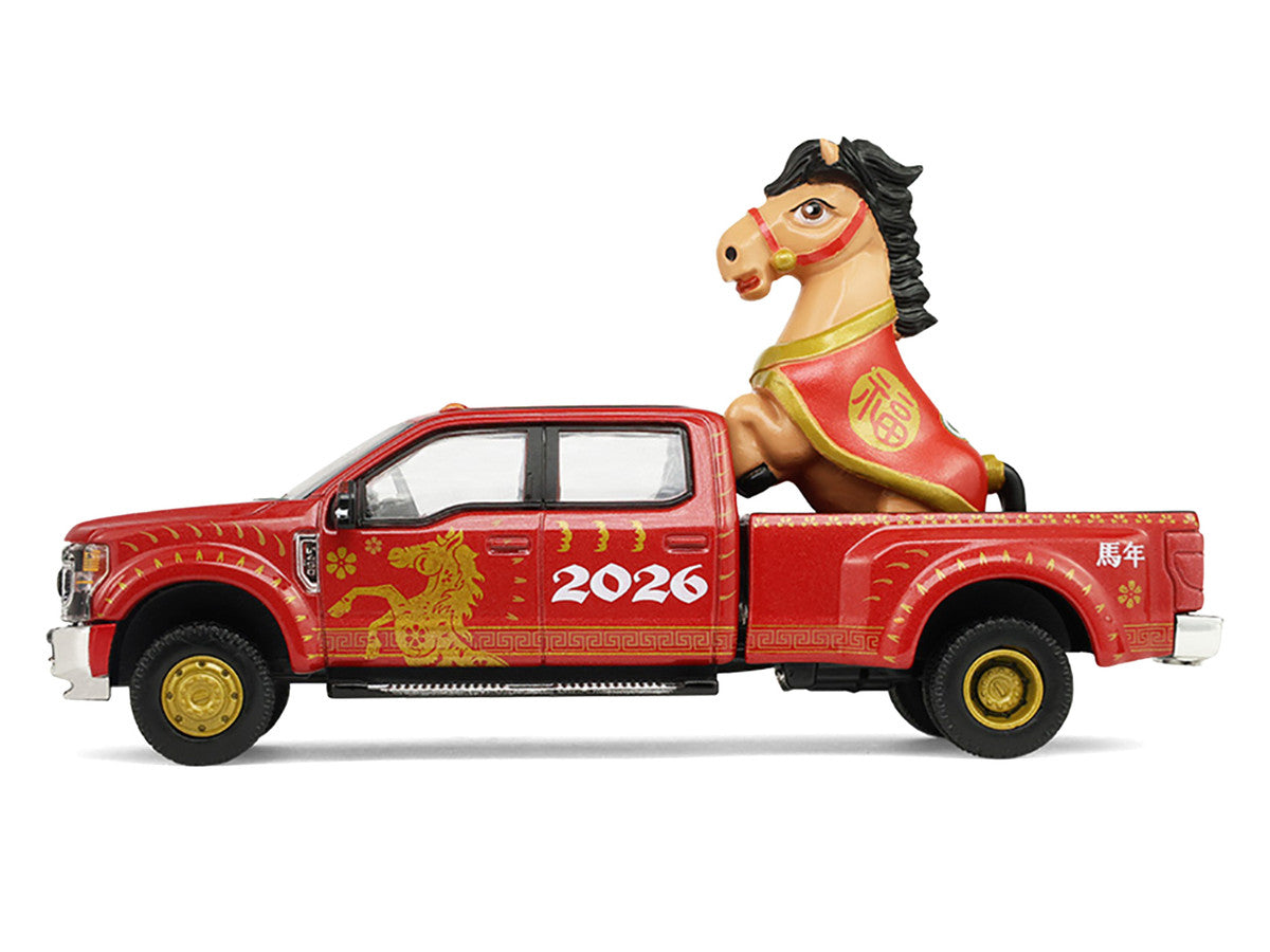 2022 Ford F-450 Dually Pickup Truck "Chinese Zodiac 2026 Year of the Horse" Red with Gold Graphics and Horse Figure "Hobby Exclusive" Series 1/64 Diecast Model Car by Greenlight Greenlight