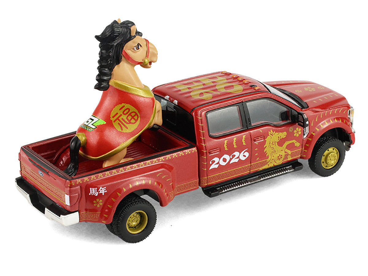 2022 Ford F-450 Dually Pickup Truck "Chinese Zodiac 2026 Year of the Horse" Red with Gold Graphics and Horse Figure "Hobby Exclusive" Series 1/64 Diecast Model Car by Greenlight Greenlight