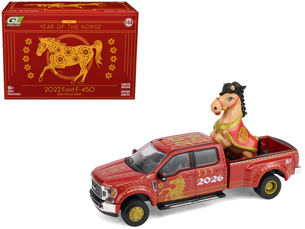 2022 Ford F-450 Dually Pickup Truck "Chinese Zodiac 2026 Year of the Horse" Red with Gold Graphics and Horse Figure "Hobby Exclusive" Series 1/64 Diecast Model Car by Greenlight Greenlight